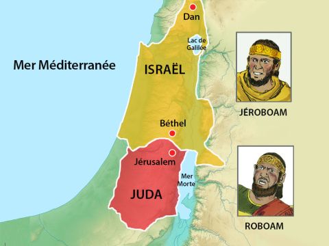 Lorsque Roboam est devenu Roi, Jéroboam a mené une rébellion contre lui. En conséquence, la nation a été divisée en deux royaumes. Au nord, dix tribus formaient Israël, dirigées par Jéroboam, et au sud, deux tribus formaient Juda, gouvernées par Roboam. – Numéro de diapositive 1