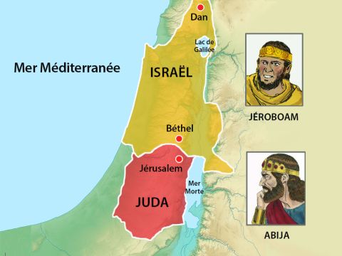 Jéroboam régnait toujours dans le nord et pour empêcher le peuple d'Israël de retourner en Juda pour adorer au Temple, il construisit de nouveaux lieux de culte. L'un était à Béthel et l'autre à Dan. – Numéro de diapositive 3