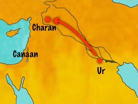 Lorsqu’ils arrivèrent à Charan, ils s’arrêtèrent pour s’y installer. Durant cette période, Térach, le père d’Abram, mourut. – Numéro de diapositive 4