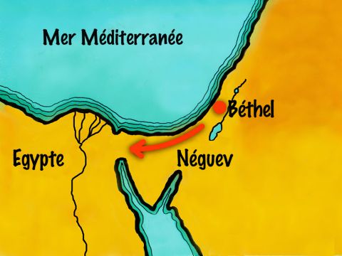 Abram et sa famille décidèrent de partir vers le sud par le désert pour aller en Égypte, afin d’y trouver de la nourriture. – Numéro de diapositive 13