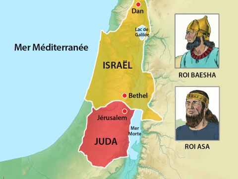 Les Israélites étaient divisés en deux nations. Le roi Asa gouvernait les deux tribus juives du royaume de Juda au Sud, tandis que Baescha régnait sur les 10 tribus juives du Royaume du Nord, Israël. – Numéro de diapositive 2