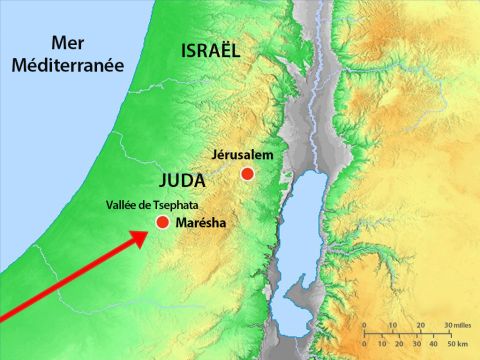 Le roi Zérach et ses soldats approchaient de Juda par le sud. Asa rassembla ses troupes et ils se rangèrent en ordre de bataille dans la vallée de Tsephata, près de Maréscha. – Numéro de diapositive 8