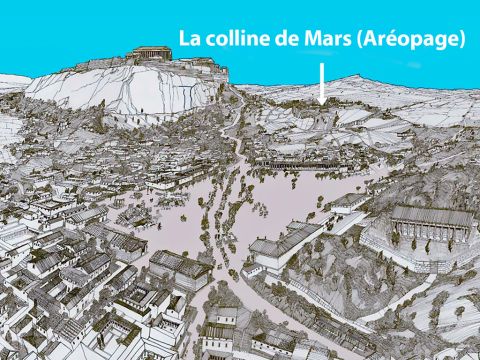 Cette illustration montre la Colline de Mars avec l’affleurement rocheux de l’Acropolis à l’arrière-plan à gauche. – Numéro de diapositive 3