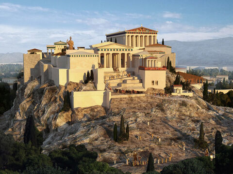 Le temple le plus en hauteur était le Parthénon, un temple dédié à la déesse Athéna. Sur le flanc sud se trouvait le théâtre de Dionysos, dieu du vin et du plaisir. Les Grecs anciens priaient, les mains levées vers le ciel, pour louer Zeus et les autres dieux du ciel. Pour adorer Hadès, le roi des enfers, ou d’autres divinités des enfers, ils se mettaient à genoux en frappant la terre de leurs mains pour se faire entendre. – Numéro de diapositive 7