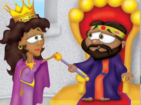 Celui qui allait dans la cour intérieure du roi sans y avoir été appelé subissait la peine de mort – à moins que le roi ne lui tende le sceptre d’or. Trois jours plus tard, Esther se revêtit de ses vêtements royaux et pénétra dans la cour intérieure. Le roi allait-il la recevoir, ou la mettre à mort? Mais le roi lui tendit son sceptre d’or pour la laisser entrer en sa présence.<br/>“Quelle est ta demande, reine Esther?”, lui demanda-t-il.<br/>Esther lui répondit: “Si le roi le trouve bon, que le roi vienne ce soir avec Haman au festin que j’ai préparé.” – Numéro de diapositive 10