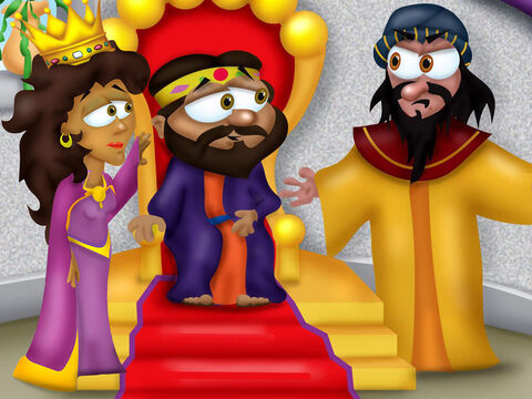 Ce soir-là, le roi et Haman se rendirent au festin que la reine Esther leur avait préparé. Au bout d’un moment, le roi demanda à Esther: “Que demandes-tu donc?”<br/>“Je t’en prie, épargne-nous, moi et mon peuple, le supplia la reine Esther. Un décret a été promulgué, ordonnant de nous tuer, moi et mon peuple.”<br/>“Qui oserait te toucher?”, demanda le roi.<br/>“C’est Haman, ce méchant homme! C’est notre ennemi.” Aussitôt, Haman fut saisi de terreur. Il ne savait pas qu’Esther était juive. – Numéro de diapositive 17