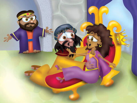 Très en colère, le roi se leva, quitta le festin et sortit dans le jardin du palais. Haman se mit à supplier Esther d’avoir pitié de lui, en s’inclinant devant le lit sur lequel Esther reposait.<br/>À ce moment-là, le roi revint et cria: “Et en plus, ce méchant homme s’attaque à la reine juste devant mes yeux!” Le roi appela des gardes pour arrêter Haman, et ordonna qu’il soit pendu à cette même potence que celle qu’il avait érigée pour y pendre Mardochée. – Numéro de diapositive 18