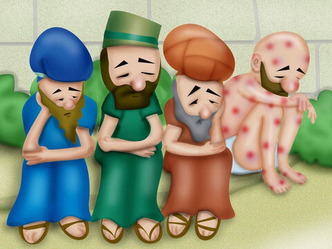 Trois amis de Job, Eliphaz, Bildad et Tsophar, vinrent trouver Job pour le consoler et pleurer avec lui sur tous ses malheurs. Job était tellement défiguré par la maladie qu’ils ne le reconnurent même pas. Des larmes coulaient de leurs yeux. Ils déchirèrent leurs vêtements et se jetèrent de la poussière sur la tête. Puis ils s’assirent avec Job en silence pendant sept jours. – Numéro de diapositive 4