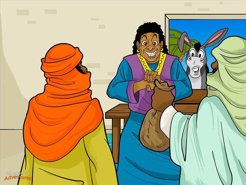 Les messagers trouvèrent la maison de Balaam et se hâtèrent d’entrer. “Nous avons un message important de la part du roi de Moab, dirent-ils. Nous savons que celui que tu bénis est béni, et que celui que tu maudis est maudit. Les puissants Israélites campent près de notre territoire.  Viens, et maudis ce peuple, pour qu’ils ne nous fassent pas de mal.”<br/>Un des messagers mit le sac d’argent devant les yeux de Balaam. “Le roi te paiera une forte somme d’argent pour faire cela”, dit-il.<br/>Balaam regarda l’argent avec avidité. Il aimait l’idée d’avoir de grandes richesses et du pouvoir. En se frottant les mains, il dit à ces hommes: “Restez ici cette nuit. Je parlerai à Dieu, et je vous dirai demain matin ce que j’aurai décidé.” Balaam savait qu’il ne pouvait maudire le peuple d’Israël que si Yahweh le lui permettait.<br/>Cette nuit-là, Dieu parla à Balaam et lui dit: “Ne va pas avec ces hommes pour maudire le peuple d’Israël, car c’est un peuple béni.” – Numéro de diapositive 3