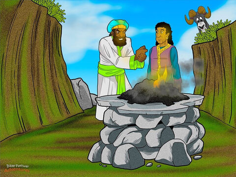 Le lendemain matin, le roi Balak conduisit Balaam sur un haut lieu où le peuple de Moab adorait  de faux dieux. Un haut lieu était une plateforme construite au sommet d’une colline ou d’une montagne. C’est là que le peuple sacrifiait des animaux à ses faux dieux comme Baal.<br/>Depuis le sommet de la colline, Balaam pouvait voir une partie des douze tribus d’Israël campées en contrebas. Il dit au roi: “Bâtis-moi sept autels, et offres-y sept taureaux et sept béliers.” Le roi fit ce que Balaam demandait. Il bâtit sept autels de pierre et y offrit sept taureaux et sept béliers en sacrifice à Dieu. <br/>Quand ils eurent offert les sacrifices, Balaam dit au roi: “Reste près de ton holocauste. Pendant ce temps, je vais voir si Dieu me montre ce que je dois faire.” Le roi frappa dans ses mains. “Les Israélites seront bientôt partis!”, dit-il gaiement. Non loin de là, Balaam s’agenouilla et parla à Dieu. “J’ai bâti sept autels et j’ai offert un taureau et un bélier sur chacun d’eux. As-tu un message pour le roi?” Dieu répondit en ces mots: “Va, et tu diras les paroles que je te dirai.” – Numéro de diapositive 10