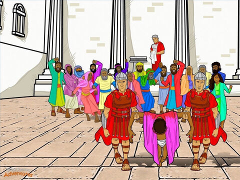 Pilate s’assit sur le siège du jugement à l’extérieur du palais. Yeshua se tenait à ses côtés, portant toujours la couronne d’épines comme un roi. La foule poussait et se bousculait, criant: «Crucifie-le! Mets-le à mort sur la croix!». Poussés par les chefs religieux, ils commencèrent une émeute. Pilate devait agir vite! «Lequel des hommes voulez-vous que je libère? Barrabas ou le Roi des Juifs?» «Libère Barrabas! Libère Barrabas!», la foule hurlait à tue-tête. «Si tu laisses cet homme partir, tu ne seras plus un ami de César», insistèrent les chefs religieux. «Le seul roi que nous ayons est César.» Pilate regardait Yeshua. Il ne voulait pas emmener cet homme vers la mort. «Il n’a rien fait de mal. Barrabas est le coupable», marmonnait-il. Il regarda la foule en essayant de décider ce qu’il devrait faire ensuite. Enfin, Pilate se releva. Le cœur lourd, il atteignit une bassine d’eau et se lava les mains. «Je suis innocent quant à cet homme», hurla-t-il à la foule. «Que son sang retombe sur nous et nos enfants», hurla la foule en retour. Pilate vit qu’il n’y avait aucun résultat à argumenter avec la foule. Ils avaient pris leur décision, Yeshua devait mourir. Elevant la main pour leur imposer le silence, il prit une décision. «Relâchez le prisonnier Barrabas», hurla-t-il. «Crucifiez le Roi des Juifs.» – Numéro de diapositive 17