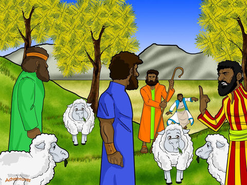 Même si Jacob et sa famille vivaient sous des tentes, Jacob était un homme fortuné. Il avait de grands troupeaux de moutons et de chèvres et avait beaucoup de chameaux et d’ânes. Sa famille travaillait dur dans les champs et prenait soin des animaux tous les jours.<br/>Un jour, les frères prirent les moutons de leur père pour les faire paître dans les champs éloignés. Jacob savait que ses fils faisaient souvent des bêtises quand ils étaient loin de la maison. Après qu’il ne les ait plus vus pendant plusieurs jours, il dit à Joseph : « Va voir tes frères et vérifie qu’ils se tiennent à l’écart des problèmes ».<br/>Joseph obéit rapidement à son père. Il enfila sa belle tunique et se mit en route pour trouver ses frères. Quand ils le virent arriver de loin, l’un d’entre eux dit : « Regardez le rêveur arriver, Joseph. Tuons-le et disons qu’un animal sauvage l’a mangé ».   <br/>Les autres frères acquiescèrent de la tête. « Il n’y a personne autour. Qui saura ce que nous avons fait ? » Mais Ruben qui secrètement espérait secourir Joseph plus tard, secoua la tête : « Non, ne le tuez pas. Jetons-le plutôt dans un puits ». – Numéro de diapositive 3