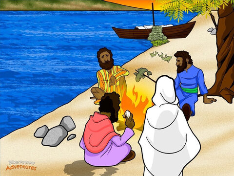 Quand les disciples atteignirent la plage, ils virent des poissons au dessus d’un feu et du pain. « Apportez quelques poissons que vous venez juste de pécher », dit Yeshua. Leurs estomacs gargouillaient; les disciples affamés lui tendaient des poissons de leur filet. Aucun d’entre eux n’osait lui poser la question : « Qui es-tu ? » Ils savaient dans leur cœur que c’était le roi ressuscité. <br/>Ce matin-là, les disciples s’assirent sur la plage et mangèrent un délicieux petit-déjeuner de poissons frais et de pain. Après qu’ils eurent mangé, Yeshua se tourna vers Pierre. « M’aimes-tu ? », lui demanda-t-Il trois fois. <br/>Pierre regarda le sol. Il se sentait toujours honteux d’avoir renié connaître le Messie. « Oui, tu sais que je t’aime », dit-il à chaque fois. « Alors, nourris mes brebis », dit Yeshua. Il voulait que Pierre prenne soin et enseigne Son peuple Israël. <br/>Le Messie apparut à Ses disciples plusieurs fois après qu’Il ressuscita des morts. Il leur parlait et reparlait du Royaume des Cieux et expliquait comment toutes les Ecritures pointaient vers Lui. Il leur donna d’importantes consignes. « Allez partout et faites des disciples. Enseignez-leur de faire tout ce que je vous ai enseigné. Et, souvenez-vous, Je serai toujours avec vous jusqu’aux extrémités de la terre. – Numéro de diapositive 15