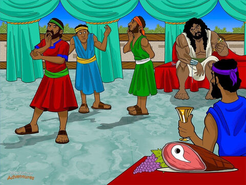 Quelques jours plus tard démarra à Thimna la cérémonie des noces. Le beau-père de Samson invita trente jeunes hommes à participer au festin. Les musiciens jouaient de leurs instruments, et les invités dansaient et mangeaient abondamment. Pour animer le festin, Samson leur proposa une énigme. “Va yomer lahem me ha ochel yatsa maachal, u me az yatsa matok”, ce qui signifie: “De celui qui mange est sorti ce qui se mange, et du fort est sorti le doux.”<br/>“Si vous arrivez à m’expliquer cette énigme, poursuivit Samson, je vous donnerai trente vêtements de rechange. Mais si vous ne parvenez pas à me l’expliquer, c’est vous qui me donnerez trente vêtements de rechange.”<br/>Pendant trois jours, les jeunes gens tentèrent de résoudre l’énigme. Mais ils avaient beau utiliser toute leur intelligence, ils n’en trouvaient pas l’explication. Se tournant vers la femme de Samson, ils lui dirent: “Cet Israélite veut nous dépouiller avec son énigme introuvable. Débrouille-toi pour en obtenir l’explication, ou nous te brûlerons, toi et la maison de ton père!” – Numéro de diapositive 5