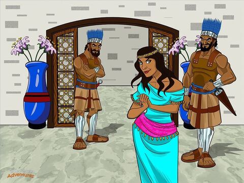 Quelque temps plus tard, Samson tomba amoureux d’une belle Philistine appelée Delila. Quand les chefs des Philistins l’apprirent, ils se frottèrent les mains. Ils connaissaient la ruse de Delila. “Nous savons maintenant comment nous allons capturer Samson”, dirent-ils.<br/>Sautant sur leurs chars, ils se hâtèrent en direction de la maison de Delila. “La prochaine fois que Samson viendra te voir, fais en sorte qu’il te révèle le secret de sa force, lui dirent-ils. Si tu y parviens, nous te donnerons une forte somme d’argent.”<br/>Le regard de Delila s’illumina. Elle aimait cette idée de devenir riche. Les chefs des Philistins se réjouirent aussi. Même si Samson était plus fort qu’eux tous réunis, ils savaient qu’il aimait beaucoup les femmes. Ils se cachèrent dans la maison de Delila et attendirent l’arrivée de leur ennemi. – Numéro de diapositive 10