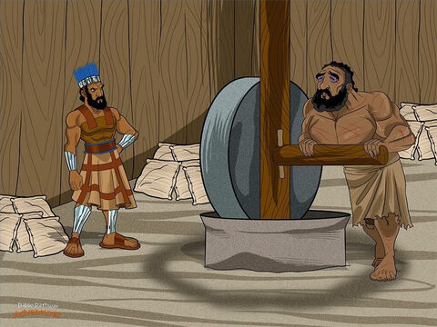 Ce soir-là, quand Samson fut allé se coucher, Delila demanda à un homme de lui raser la tête. Puis elle se mit à taquiner Samson. “Les Philistins sont sur toi”, lui murmura-t-elle à l’oreille.<br/>Samson se réveilla et tenta de sauter sur ses pieds. Mais cette fois-ci, il ne put se libérer. Il avait perdu sa force! Les Philistins surgirent dans la pièce, lui crevèrent les yeux et le firent prisonnier en l’emmenant, lié de chaînes. Samson devint le prisonnier le plus célèbre du pays. Chaque jour, les Philistins le forçaient à tourner la meule pour moudre le grain dans la prison. Et toutes les nuits, ils l’enfermaient dans une cellule froide et vide d’où il ne pouvait s’échapper. Mais progressivement, les cheveux de Samson commençaient à repousser. – Numéro de diapositive 14