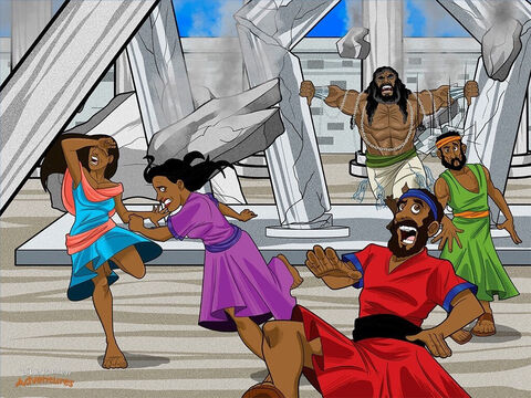 Un jour, les Philistins se rassemblèrent dans leur temple pour offrir un sacrifice à leur dieu en forme de poisson, Dagon, et pour fêter leur victoire. “Notre dieu a livré Samson entre nos mains”, disaient-ils. “Allez le chercher, pour que nous puissions nous moquer de cet Israélite!”<br/>Samson fut placé devant tout le peuple assemblé dans le temple. Rempli de foi, il pria une dernière fois en ces mots: “Yah, donne-moi de la force pour que puisse prendre ma revanche sur les Philistins.”<br/>Aussitôt, l’Esprit de Dieu vint sur Samson, lui redonnant une grande force. Il prit une grande inspiration et s’appuya de ses bras de chaque côté sur les colonnes soutenant le temple. “Que je meure avec les Philistins!”, dit-il en poussant de toutes ses forces, jusqu’à les faire vaciller. <br/>BOUUUUM! Le temple s’écroula sur lui-même, provoquant un nuage de poussière. Tous ceux qui se trouvaient à l’intérieur furent ensevelis sous les décombres, ainsi que tous ceux qui se trouvaient sur le toit. Tous périrent ce jour-là, y compris Samson et les chefs des Philistins. Yah avait tenu sa promesse. Il avait utilisé Samson, son puissant combattant, pour commencer à libérer les Israélites des Philistins. – Numéro de diapositive 15
