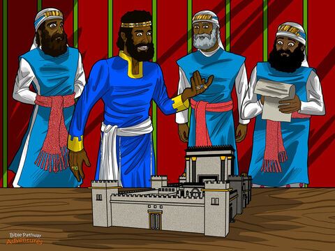 Alors que David vivait encore, il fit des plans pour bâtir un temple à Jérusalem. Mais Dieu ne permit pas à David de le bâtir lui-même. “Tu as été un homme de guerre, lui dit Dieu, et je veux un homme de paix pour accomplir cet ouvrage. C’est ton fils Salomon qui bâtira le temple.”<br/>David donna à Salomon les plans pour la construction du temple. Cela comprenait des plans pour sa construction, pour ses pièces de stockage, pour ses chambres, et pour le lieu très saint. Salomon contempla avec admiration tous les trésors que son père avait amassés, y compris des amas d’or et d’argent, de marbre et de pierres précieuses. “Tu utiliseras ce trésor pour bâtir le temple, déclara David. Ne permets à personne de te stopper dans cet ouvrage.”<br/>Avant sa mort, David donna à Salomon ses dernières instructions. “Souviens-toi d’obéir aux commandements de Dieu, lui dit-il. Si tu fais ainsi, ta vie réussira. Mais si tu lui désobéis, tu auras de gros ennuis.” – Numéro de diapositive 3