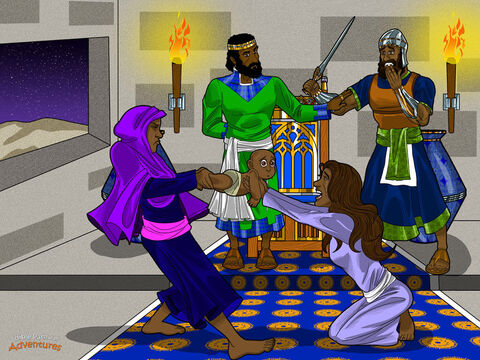 Le roi Salomon devint très célèbre dans le monde entier pour sa grande sagesse. Un jour, deux mères vinrent à son palais pour lui présenter un problème. La première déclara: “Cette femme et moi vivons dans la même maison. J’ai eu un bébé, et elle aussi. Son bébé est mort, et maintenant elle prétend que mon bébé est à elle.”<br/>“Non! cria l’autre femme. Le bébé vivant est à moi, et l’enfant mort est à toi!” Salomon leva la main pour faire taire ces femmes. Il réfléchit un moment, puis il dit: “Coupez le bébé en deux avec une épée. Chacune de vous aura une moitié du bébé.”<br/>Pendant que le serviteur de Salomon apportait l’épée, la véritable mère s’écria: “Je vous en supplie, ne tuez pas l’enfant! Donnez-le lui.” Mais l’autre femme disait: “Ne donnez l’enfant à aucune de nous. Coupez-le en deux!” Salomon se leva de son trône et déclara: “Stop! Ne tuez pas le bébé!” Il pointa la première femme. “Donnez-lui le bébé. C’est elle qui est sa vraie mère.” Quand les Israélites apprirent le jugement sage de Salomon, ils eurent un grand respect pour le roi. Ils voyaient qu’il avait la sagesse de Dieu pour prendre les bonnes décisions. – Numéro de diapositive 6
