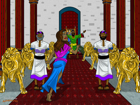 Un soir, les chameaux s’arrêtèrent à l’entrée du palais du roi. La reine était enfin parvenue à Jérusalem. Salomon la reçut dans la salle du trône. “Bruchim haba’im Le Yerushalaim!”, dit-il, ce qui signifie: “Bienvenue à Jérusalem!” La reine regardait autour d’elle, bouche bée. Douze lions en or ornaient le trône. D’énormes colonnes en bois s’élevaient bien haut. “Tant de serviteurs! Des vêtements si raffinés! murmurait-elle. Je ne croyais pas ces choses avant de les avoir vues de mes yeux.”<br/>Salomon organisa un grand festin en l’honneur de la reine. La nourriture, le vin et la musique remplissaient le palais. Les musiciens jouaient de leurs instruments et chacun mangeait et buvait à satiété. Après cela, la reine interrogea Salomon sur des nombreuses questions difficiles. Mais il n’y avait aucune question à laquelle il ne pût répondre. Sa sagesse lui venait de Dieu.<br/>“Ce que j’ai entendu à ton sujet dans mon pays était vrai, déclara la reine. Tu es bien plus riche et plus sage que je ne l’imaginais. Loué soit Dieu qui a fait de toi le roi des Israélites.” Elle donna à Salomon de nombreux présents, dont des épices en quantité si considérable qu’on n’en avait jamais vu autant. Et Salomon lui donna tout ce que son cœur désirait. – Numéro de diapositive 12