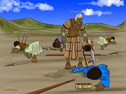 Comme Saül et celui qui portait ses armes s’enfuyaient en courant, un soldat philistin atteignit Saül de ses flèches. Le roi s’affaissa au sol, faisant entendre un bruit sourd. BOUUM!<br/>Saül était couché sur le dos et regardait vers le ciel. Il savait que les Israélites ne faisaient pas le poids face aux puissants Philistins. Se tournant vers celui qui portait ses armes, il lui dit: “Tue-moi de ton épée. Si les Philistins me capturent, ils vont me torturer à mort.” Le porteur d’armes secoua la tête. “Non, dit-il, je ne pourrais jamais tuer le roi mon seigneur.” Saül ne pouvait attendre plus longtemps. Se saisissant de sa propre épée, il se jeta sur elle. Quand le porteur d’armes vit que son maître était mort, il fit de même, et mourut avec lui. Ainsi, Saül et ses trois fils moururent ce même jour, comme Samuel l’avait dit. – Numéro de diapositive 13