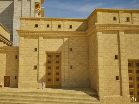 A droite de la Chambre de Gola se trouvait la Porte de l’Eau. Par cette porte, une gourde d’eau de la source de Gihon était amenée au Temple pour servir à la libation d’eau qui avait lieu sur l’autel pendant la fête de Souccot. – Numéro de diapositive 9