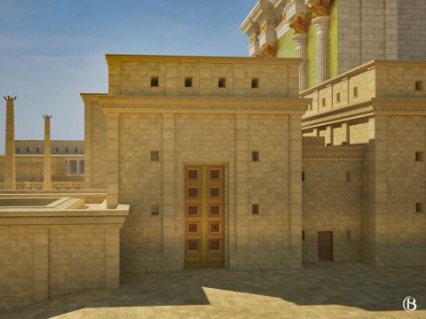 A l’angle nord-est de la cour intérieure se trouvait la Porte du Chant.<br/>Les lévites entraient dans l’Azara (cour intérieure) par la Porte du Chant, récupéraient leurs instruments dans la Salle souterraine des instruments de Musique, puis prenaient place sur le Duchan (estrade surélevée) de l’Azara, où ils exécutaient le “Chant du jour” pendant l’apport des offrandes. – Numéro de diapositive 12