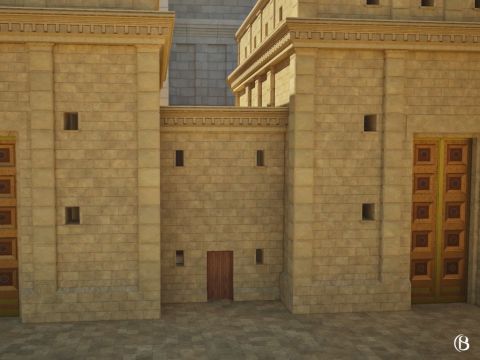 A droite de la Porte des Femmes se trouvait la Salle de rinçage. C’est là qu’on rinçait et nettoyait les organes internes des sacrifices. Bien que ces animaux fussent offerts sur l’Autel et non destinés à la consommation humaine, ils étaient néanmoins rincés et nettoyés en signe de respect et de révérence envers Dieu. – Numéro de diapositive 15
