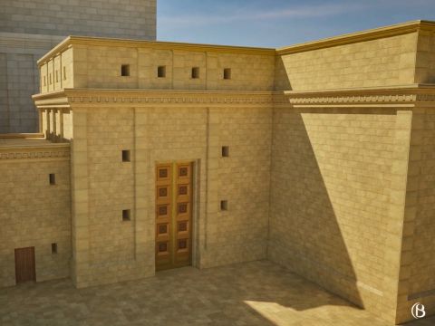 A droite de la Chambre de Rince-Bouche se trouvait la Porte de Jéconia. Le roi Jéconia quittait le temple par cette porte, en route vers l’exil babylonien à la fin du Premier Temple. Cette porte était aussi appelée “Porte de l’Etincelle”. Certains pensent que ce nom vient du fait qu’au-dessus de cette porte se trouvait un grenier où brûlait un petit feu, permettant d’allumer le bois de l’autel, si celui-ci était éteint. – Numéro de diapositive 16