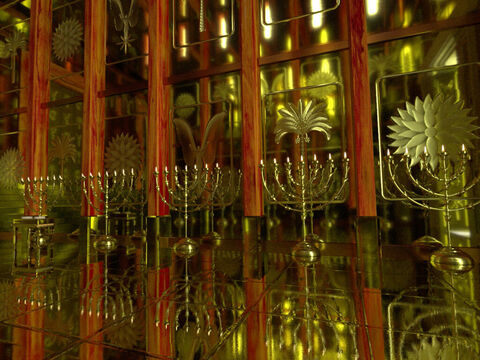Dans le tabernacle, il y avait un chandelier à 7 branches, appelé “menorah”. Dans le temple de Salomon, il y en avait 5 de chaque côté du lieu saint, ce qui en faisait 10 au total. – Numéro de diapositive 7