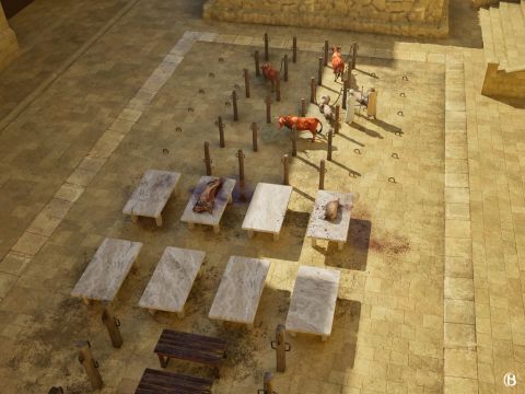 À cet endroit se trouvaient aussi des tables de marbre et de petits blocs de cèdre avec des crochets sur lesquels on pouvait suspendre les animaux à sacrifier. – Numéro de diapositive 11