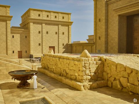 La cuve se trouvait entre l’autel et le sanctuaire. Tout sacrificateur désigné par le sort pour purifier l’autel devait préalablement se laver dans la cuve. – Numéro de diapositive 14