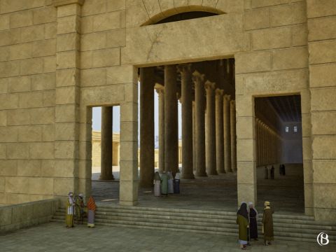 Construit en forme de basilique, avec quatre rangées de quarante colonnes chacune, il formait une nef centrale vers l’extrémité est et deux ailes latérales. Ceci est l’entrée du portique royal depuis l’angle sud-ouest. – Numéro de diapositive 2