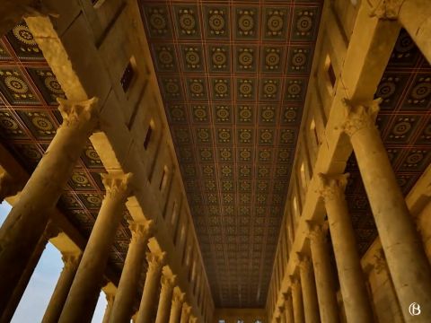 Voici le plafond décoré du portique royal.<br/>L’historien Josèphe appelle le souverain sacrificateur Anne “un grand accapareur d’argent”. Les fils d’Anne possédaient des bazars (appelés hanuyot bney hanan dans le Talmud) situés dans le portique royal et dans le parvis des païens, et servant à changer la monnaie et à l’achat des animaux pour les sacrifices. – Numéro de diapositive 4