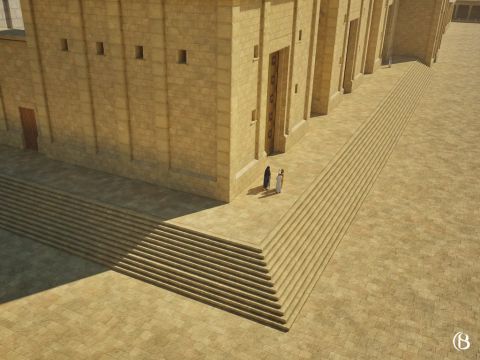 Devant, il y avait une plateforme surélevée appelée le “Hel” ou “Chel”, sur laquelle était bâti le sanctuaire du temple. On accédait au Hel au moyen de douze marches ayant une hauteur et une profondeur d’une demi-coudée (26cm).<br/>Des portes permettaient d’accéder aux pièces de stockage et aux chambres utilisées par les sacrificateurs. À un niveau plus bas, devant le sanctuaire, il y avait des portes menant au parvis des femmes. – Numéro de diapositive 23