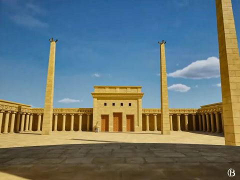 Voici une vue du parvis des femmes regardant vers l’est depuis le devant de la porte de Nicanor. Le parvis des femmes formait un carré de 71m de côté, soit une surface de 5023 mètres carrés. Il pouvait contenir 6000 adorateurs en même temps. – Numéro de diapositive 10