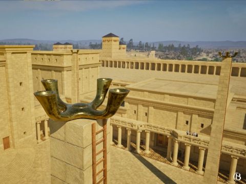 En haut de chaque chandelier se trouvait un récipient d’or. Quatre jeunes gens de la lignée des sacrificateurs grimpaient sur les échelles de ces chandeliers pour verser 9 litres d’huile. On utilisait des mèches faites à partir de vêtements usagés des sacrificateurs pour allumer la flamme. – Numéro de diapositive 17