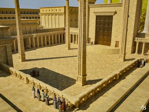 Il y avait un balcon pour les femmes, surplombant le parvis des femmes tout autour. Une règle juive, pour permettre une séparation complète, stipulait que “les femmes devaient s’asseoir en haut et les hommes en bas” (Sukkah 51b). – Numéro de diapositive 19