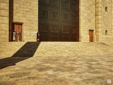 Bien que la porte de Nicanor soit parfois appelée la “Belle Porte”, il ne s’agit pas de la porte mentionnée en Actes 3:20. L’emplacement le plus probable de la “Belle Porte” est la Porte Double située dans le mur sud. Devant la porte de Nicanor se trouvaient 15 marches en arc de cercle, décrites en Middot 2.5 comme “arrondies comme une aire de battage coupée en deux”. – Numéro de diapositive 2