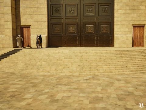C’est devant la porte de Nicanor qu’étaient pratiqués de nombreux rituels importants, comme la purification de ceux qui avaient la lèpre, ou la purification des femmes après l’accouchement. C’est à cette porte que Marie et Joseph ont probablement amené l’enfant Jésus à Siméon alors qu’Anne regardait depuis le parvis des Femmes. – Numéro de diapositive 3