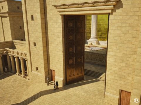 Il fallait pas moins de vingt hommes pour pouvoir ouvrir la lourde porte. La porte de Nicanor n’était ouverte que le jour du shabbat, lors des fêtes et des nouvelles lunes (Rosh Hodesh). La porte était également ouverte si le roi était présent dans le temple, en son honneur. Tous les autres jours, on utilisait les accès plus petits situés à gauche et à droite de la porte de Nicanor. – Numéro de diapositive 7
