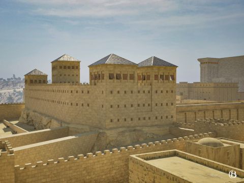 À l’angle nord-ouest du temple, avec une vue sur le mont du Temple, se trouvait la forteresse romaine Antonia.<br/>Elle fut bâtie par Hérode le Grand et nommée ainsi d’après son ami Mark Antony, dont la fonction principale était de protéger le deuxième temple. Beaucoup pensaient traditionnellement que les environs de la forteresse Antonia correspondaient à l’emplacement du prétoire de Ponce Pilate, là où Jésus fut jugé pour haute trahison. D’autres prétendent que l’emplacement du procès était situé dans le palais d’Hérode, à l’autre extrémité de la ville. – Numéro de diapositive 1