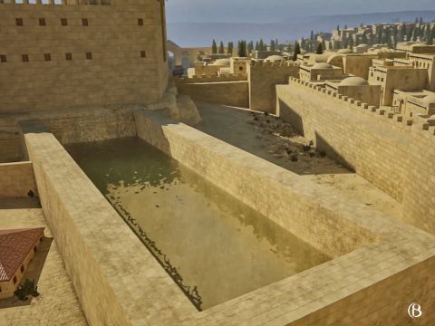 Jouxtant la forteresse, à l’angle nord-ouest, se trouvait le bassin Struthion (bassin des passereaux) qui fournissait la forteresse en eau. Durant le siège de Jérusalem en 70 après J.C., les Romains ont bâti une rampe depuis ce bassin pour accéder à la forteresse et au mont du Temple. – Numéro de diapositive 3