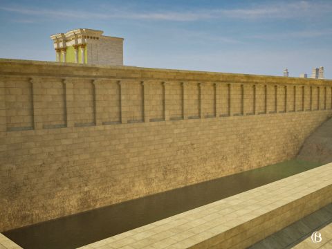 À l’extrémité est du mur nord se trouvait le bassin d’Israël (ou Borket Israil). Il s’agissait d’une citerne publique bâtie par les Romains pour servir de réserve d’eau.<br/>Elle constituait le plus grand réservoir de Jérusalem, mesurant 109,7m par 38,4m, avec une profondeur maximale de 26m. – Numéro de diapositive 14
