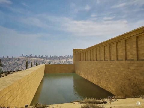 La citerne pouvait contenir au total 120.000 mètres cubes et durant des siècles, elle fit partie du système de stockage des eaux de pluie de Jérusalem. Le bassin servait aussi de douve, pour protéger le mur nord du mont du Temple qui était assez vulnérable aux attaques. – Numéro de diapositive 15