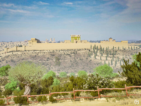 Tel est l’aspect du temple de Jérusalem au temps de Jésus, depuis le mont des Oliviers. L’historien Josèphe  écrivait que le temple “apparaissait de loin comme une montagne enneigée; car tout ce qui n’était pas recouvert d’or était du blanc le plus pur”. – Numéro de diapositive 1