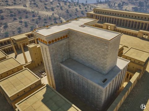 Le temple avait deux niveaux, chacun ayant 45 coudées (23,4m) de hauteur, incluant une toit plat de 5 coudées (2,6m). La chambre inférieure avait une longueur de 40 coudées (21m). – Numéro de diapositive 3