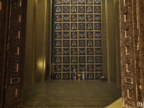 L’entrée du temple avait 20 coudées de hauteur et 10 coudées de largeur (10,5m x 5,25m). Une porte de deux vantaux était à l’extérieur, et une autre porte était à l’intérieur. Chaque porte était formée de vantaux pliants, de sorte qu’une fois repliés, ils se logeaient dans des renfoncements formés dans l’épaisseur du mur de 6 coudées (3,1m). – Numéro de diapositive 12