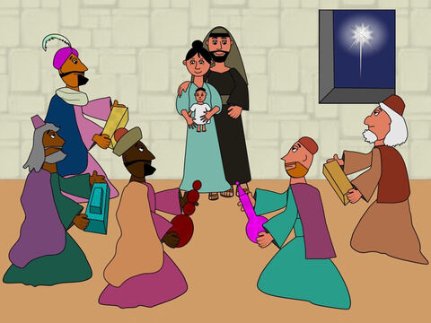 Les mages suivirent l’étoile jour et nuit jusqu’à ce qu’elle s'arrête enfin à l’endroit où vivaient Marie, Joseph et Jésus. Ils offrirent à Jésus des cadeaux: de l'or, de l'encens et de la myrrhe. Et ils l'adorèrent. – Numéro de diapositive 14