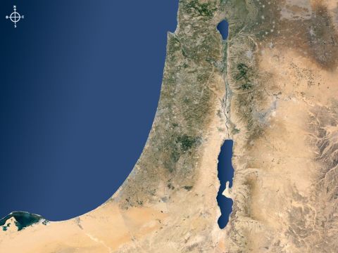 Carte satellite d'Israël et des régions environnantes montrant la vallée du Jourdain avec son rift, le Lac de Galilée au Nord et la Mer Morte au Sud. – Numéro de diapositive 1